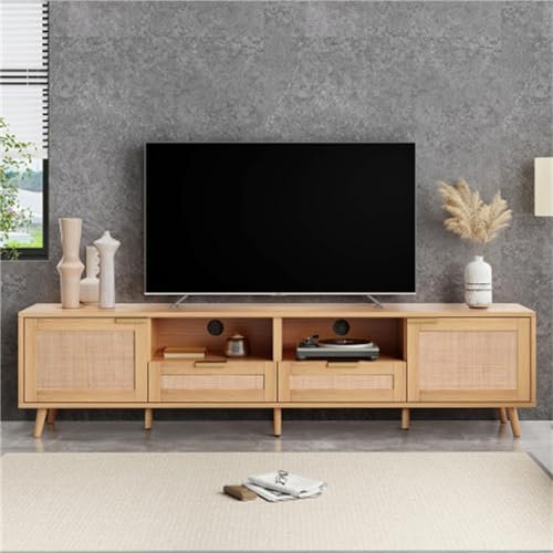 Meuble TV en rotin couleur chêne 200 x 37 x 49 cm avec espace de rangement et pieds en bois massif Support TV en rotin Deux tiroirs et deux compartiments de rangement pour chambre et salon