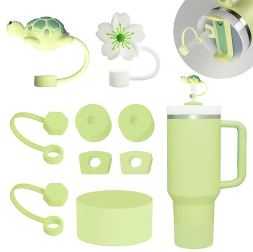 Stanley Becherzubehör-Set: 6 Auslaufsichere Silikon-Stopper, 2 Strohhalm-Abdeckkappen für 9-10 mm Strohhalme, 1 Silikonstiefel für 1,2 l und 850 ml Becher (Zitrone)