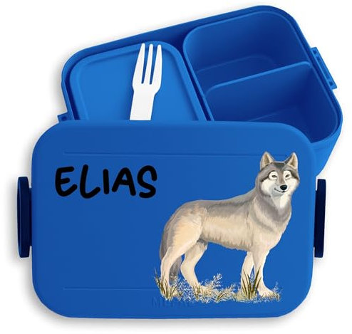 Kinder Bento Box Midi Lunchbox für Mepal Bentobox - Wolf mit Name personalisiert I Wolfsmotiv Geschenk Wölfe - 900 ml - Blau - brotdose jausenbox fächern maple take a break personalierte