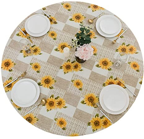 1 PC Sonnenblume, die runde Tischdecke mit Flanell-Rückenleiter-Plastikkante-Plastikabdecke wasserdichtes Tischtuch zum Essen 37-44 Zoll.