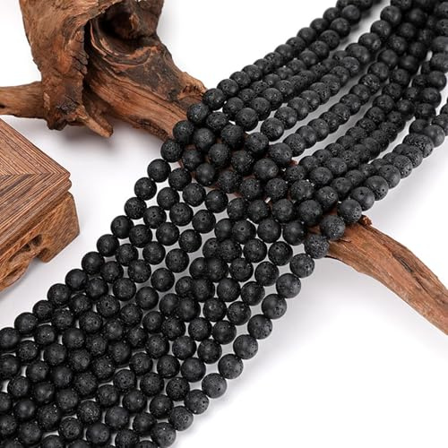 HERZONE Schwarze Lavaperlen 8mm 6 Stränge Glücks Lavastein Vulkanstein Naturstein Perlen für Armbänder, Schmuck, mit Loch (8mm)