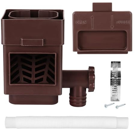 Colector de agua de lluvia, colector de lluvia apto para bajantes estándar de 2 x 3 o 3 x 4 pulgadas, con válvula ajustable y filtro, manguera de 5 pies (marrón)