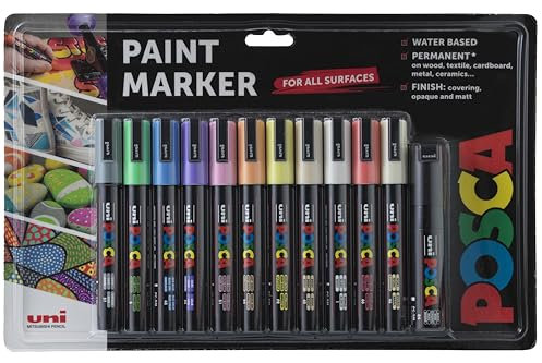 Posca - Pale PC-5M Acrylic Paint Pens (12pc), Multisurface Water Based Markers Ideal for Rock Painting, Canvas, Glass, Wood, Metal, Fabric, Colouring, Arts and Crafts
