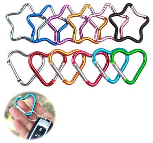 12 Stück Karabiner Klein Schlüsselanhänger, Herz Karabiner Stern, Schlüsselkarabiner aus Aluminium, Mehrfarbig, Leicht und Robust, für Camping, Wandern und Alltagsgebrauch