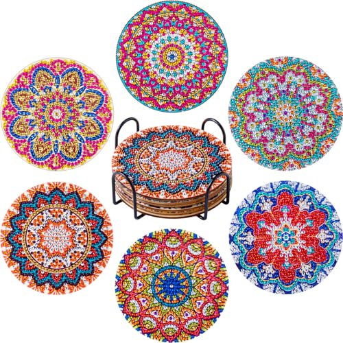 Lot de 6 dessous de verre de peinture diamant - Dessous de verre avec support - Pour travaux manuels, bricolage, mandala - Pour débutants, adultes et enfants (mandala)