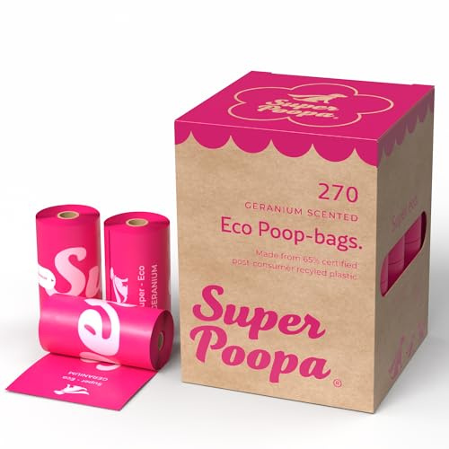 Super Poopa Eco-Friendly Dog Poop Bags - Guaranteed Leak-Proof, Extra Thick & Strong Dog Waste Bags, Geranium Scented, Made from certified post-consumer recycled plastic, 270 Count