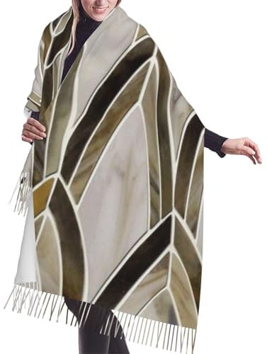 SpaRcz Art Deco Graues Fächermuster Winter Warmer Schal Quastenschal Damen Kaschmirflor Fransenschal 196 x 68cm