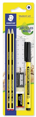 STAEDTLER Noris 120 Bleistift-Set HB – mit Fineliner & Lineal | 2 Bleistifte, Radierer, Spitzer & Zubehör, Sechskant aus Upcycled-Holz – Art.-Nr. 120 SBK2P1