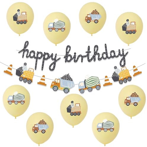 ALEGRE Bagger Deko Kindergeburtstag, Bagger Luftballons Geburtstag, Baustellen Geburtstagsdeko Mädchen Junge, Fahrzeuge Baustelle Happy Birthday Girlande, Bagger Ballon für Auto Thema Party Dekoration