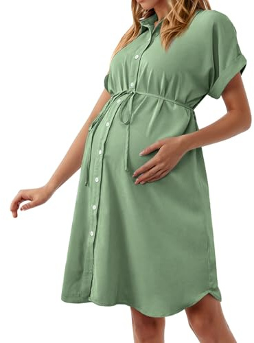 Vuncio Robe Chemise Femme avec Ceinture Boutonnée Devant Maternité Mini Robe Grossesse Ete Manche Courte Grande Taille Ample Enceinte Chic Pas Cher Shooting Photo