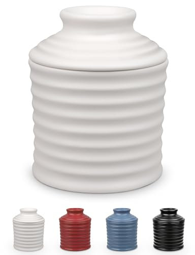 Jersinwei Porzellan Französische Butterdose, Butterglocke Keramik mit Wasserrand für Frische Streichfähige Butter, Buttertopf im Original Torsade Design, Matt Elfenbeinweiß