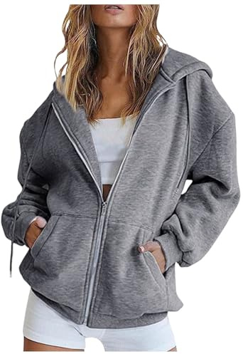 POIUIYQA Hoodie Damen Sweatjacke Kapuzenjacke mit Kapuze Einfarbig Basic Kapuzenjacke Kapuzenpulli Outwear Sweatshirt mit Reißverschluss Jacken Mit Kapuze Reißverschluss Mantel Oversize Jacke