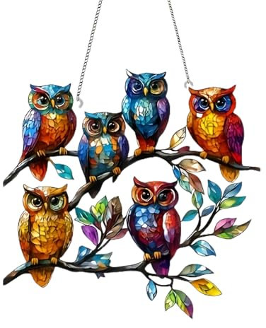 LUMOOM Hängende Fensterdeko Vogel Buntglas Deko, Kolibri-Sonnenfänger Zum Aufhängen an Fenstern, Vogel-Anhänger aus Acryl mit Kette, Fensterbehang Fenster Türen Deko Für Zuhause Studio (Sechs Eulen)