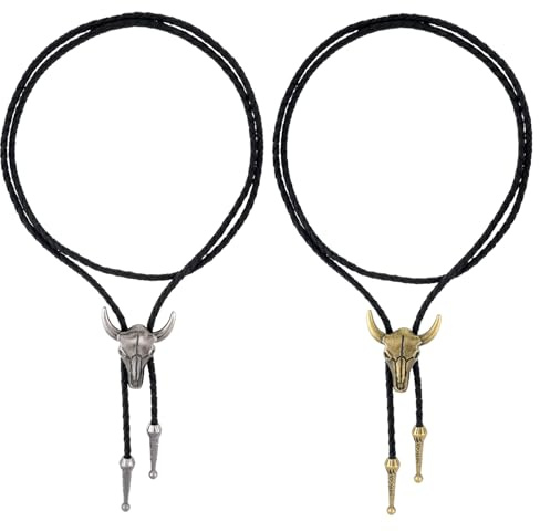 Ptwola 2PCS Bolo Tie Western Cowboy Rodeo Leather Necktie Native American Punk Retro Unisex Necklace Jewelry Bronze Bull Head Halloween Costume Accessories for Men Women