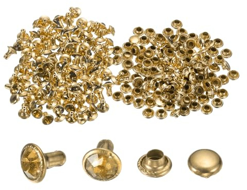 QUARKZMAN 100Pcs Cristal Rivets 6mm Strass Rivets Rapide Goujon Rivets pour Vêtements Cuir Artisanat Tissu Arts Artisanat Décoration Maroquinerie Bricolage Artisanat du cuir, Jaune/Or