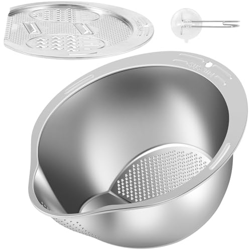 Rice Strainer 304 Stainless Steel Rice Washer Strainer Bowl 2 in 1 Rice Washer with Side Drainer Fruit Cleaner Vegetable Washing Colander with Salad Mixing Bowl for Cleaning Fruits