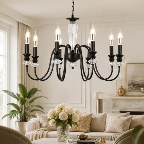 Kronleuchter Schwarz, 8 Flammig Rustikale Kronleuchter Vintage Pendelleuchte Wohnzimmer, Antik Deckenlampe Schlafzimmer Hängend mit E14 Fassung, Einstellbare Höhe Klassischer Lüster für Esstisch Flur