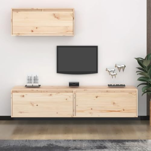 HaoChrymec TV Cabinet, Solid Wood Pine Wall Mounted Unit with Storage Shelves, Floating TV Stand Cabinet, Living Room Side Table Organiser, Brown, 3 Pieces Set