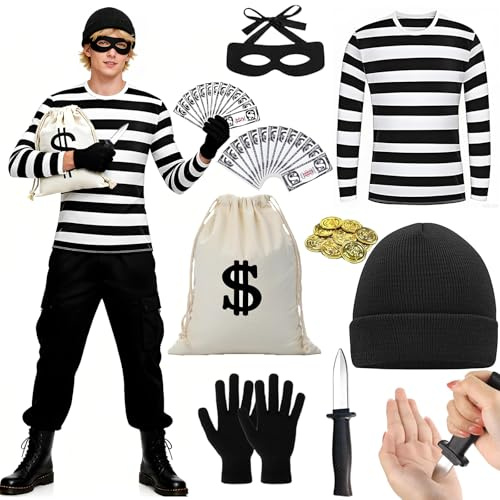 Moizkna Bankräuber Kostüm Herren mit Teleskopmesser, Räuber Kostüm Dieb Verbrecher Costume mit Streifenshirt, Maske, Mütze, Geldtasche, Spielgeld, Goldmünzen, Räuberkostüm für Karneval Fasching Party