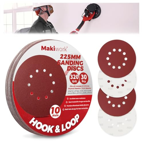 Makiwork 30 Stück 225mm 10-Loch 320 Korn Klett-Schleifscheiben – Grobkörniges Aluminiumoxid Schleifpapier für Trockenbauschleifer, Farbentfernung, Holz- & Metallbearbeitung