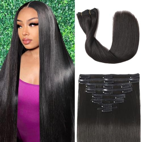 POGINJA Clip in Hair Extensions Real Human Hair, 18 Inch 100g/3.6oz, 1B Natural Black, Clip in 100% Brazilian Remy Human Hair Extensions 8pcs Per Set with 18 Clips Double Weft