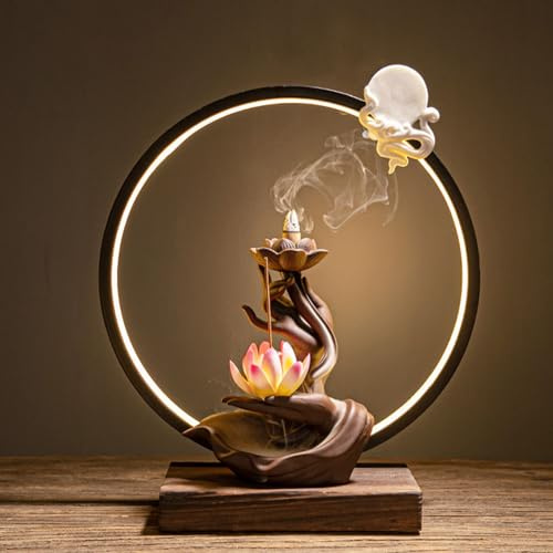 Brûleur d'encens à Reflux en céramique « Main de Bouddha », Fontaine à encens avec Bande Lumineuse LED, brûleur d'encens à Reflux Effet Cascade, idéal pour la Maison ou Le Bureau