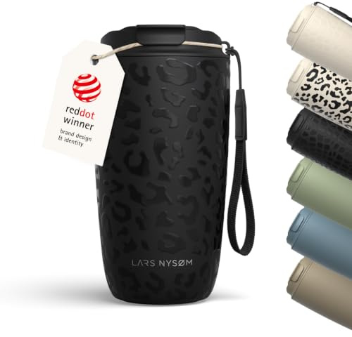 LARS NYSØM Thermo Kaffeebecher to go mit Trageschlaufe 500ml | Travel Mug 0,5 L mit Isolierung | Auslaufsicherer Edelstahl Thermobecher mit Musterdesign für Café & Tee (Black/Leopard/Black, 500ml)