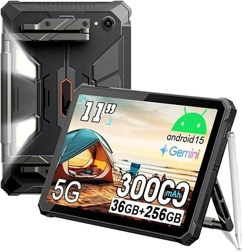 LMHTRADE Active 12 PRO 5G Projector Tablet, Android 15 Rugged Tablet,30000mAh Battery,11'' Display 36GB RAM+256GB ROM Outdoor Tablets,108MP+50MP Camera,Camping Light/WiFi 6E/BT 5.4/GPS/Dual 5G