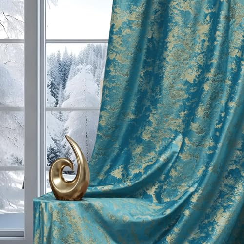 IRONDELIC Samtvorhang Kräuselband 2er Set, Luxus Vorhänge Verdunkelung Samt, Velvet Gardinen Blickdicht Curtains mit Goldfolie Blätter Muster, Thermovorhang Wohnzimmer Schlafzimmer(H244xB132CM, Blau)