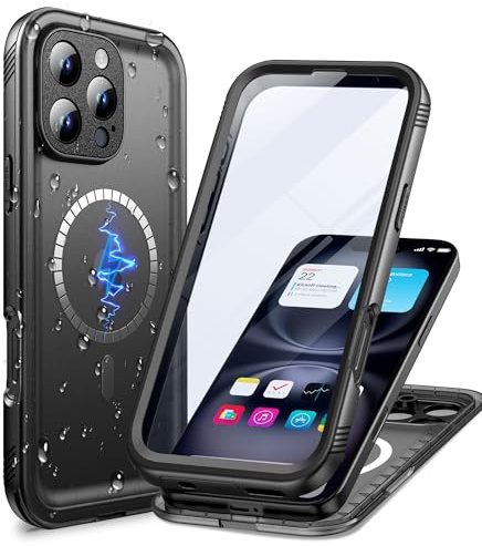 Cozycase TOP Full Waterproof 360 Military Case for iPhone 16 Pro, Black | Magnetic for Magsafe, With HD Screen Camera Protector, Heavy Duty Protective Shockproof, Double Hard Tough Front Back Cover