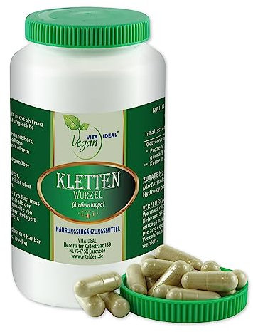 VITA IDEAL Vegan® Kletten Wurzel 180 Kapseln - Arctium lappa - Tagesportion 940mg Klettenwurzel reines Pulver. Natürlich, pflanzlich und ohne Zusatzstoffe, original von VITAIDEAL.