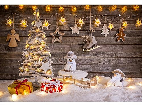YongFoto 3x2m Foto Hintergrund Weihnachtsbaum Geschenke Sleigh Schneemann glänzende Lichter Wood Plank Schwerer Schnee Weihnachten Fotografie Hintergrund Photo Party Kinder Hochzeit Fotostudio