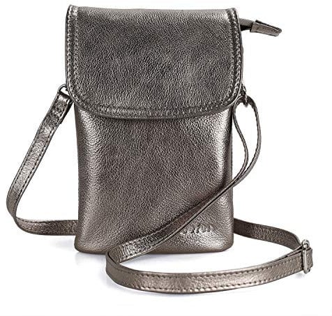 befen Echtleder Handytasche zum Umhängen, Handy Umhängetasche Damen Klein, Handtasche mit Geldbörse zum Umhängen Leder, Crossbody Bag Damen mit Verstellbarer Riemen und Schlüsselanhänger, Silbrig
