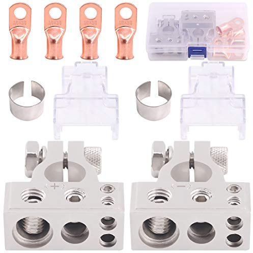 Glarks 8Pcs Silver Car Battery Terminal Connectors with Copper Wire lugs Ring Terminals Set, 0/2/4/8/10 Gauge Negative Positive Battery Terminals with Shims Covers for Car, Vehicle, RV and Boat Use