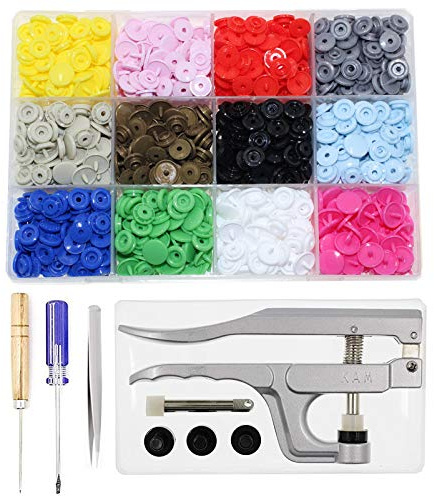 KAM Druckknöpfe + Druckknopfzange, Starter-Verschluss-Set, 384 Sets in 12 Farben, Größe 20, T5, KAM Druckknöpfe, Kunststoffverschluss, Druckknöpfe, zum Basteln, Stoffwindeln, Lätzchen