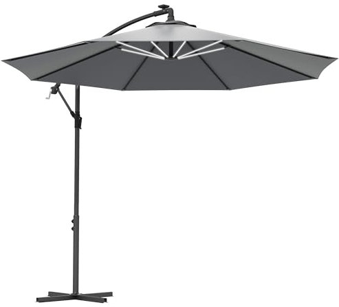 Outsunny 3(m) Cantilever Parasol with Solar LED Lights, Garden Umbrella with Cross Base and Crank Handle, Hanging Offset Banana Sun Shade for Outdoor, Patio, Grey
