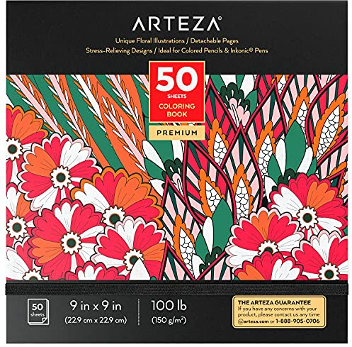 ARTEZA Malbuch für Erwachsene, Blumenmotive, 22,9 x 22,9 cm, stressabbauende Malvorlagen mit 50 einseitigen Bildern, 150 g/m² Papier
