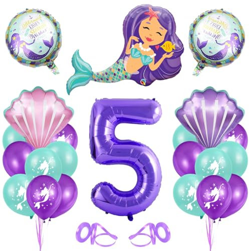 5. Geburtstag Mädchen Meerjungfrau Deko, Meerjungfrau Luftballon 5, Meerjungfrau Geburtstag Deko 5 jahre, XXL Folienballon Mermaid Lila, für 5 Jahre Meerjungfrauen Thema Party