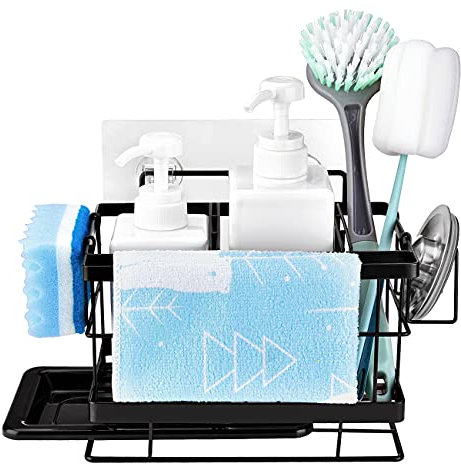 Organizador Fregadero, Organizador de Cocina Sink Soporte de Esponja con toallero Soporte y Organizadores para Utensilios, con Bandeja Extraíble, Acero Inoxidable, Negro
