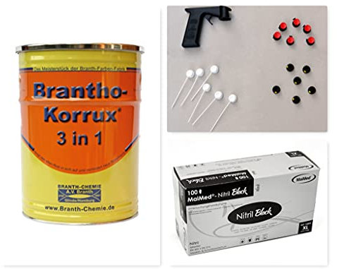 SET Brantho Korrux 3 in 1 750 ml RAL 9005 Schwarz Handgriff & 18 Stück Sprühdüsen für Komfortdosen MaiMed Nitril Einweg Handschuh schwarz puderfrei, Gr.(XL) 100er Box