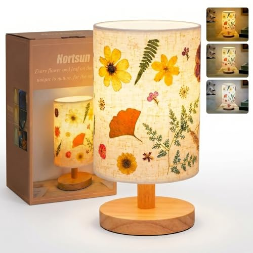 Hortsun Pressed Flower Vintage Table Lamp, Cottagecore Boho Rustic Night Light, Decorative Small Lamp Gift Box Set for Bedroom Living Room Office, Gift for Women on Mother's Day (Modern Style)