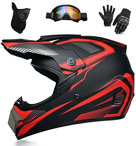 WEITY Motocross-Helm, Brille, Handschuhe, Maske 4-teiliges Set, MTB AVT Motorrad-Crosshelm, DOT-geprüft, geeignet für Erwachsene, Kinder, Männer und Frauen (roter Sporn,L)
