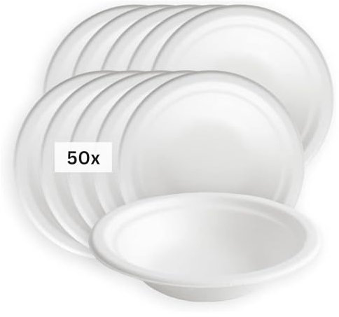 LINARIO Lot de 50 bols à soupe jetables en canne à sucre 400 ml et cuillères réutilisables