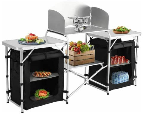 Angyu Campingschrank Faltbar Grosse Kapazität Campingtisch Tragbar Outdoor-Aufbewahrungstisch mit Reißverschlusstaschen (Silber + Schwarz, 174.5 * 46 * 110.5cm)