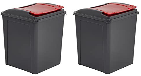 (𝐒𝐞𝐭 𝐎𝐟 𝟐) 25 Litre / 50 Litre Slimline Plastic Indoor Recycle Bin with Lid | Waste Utility Plastic Bin | Animal Feed Storage | Slim Bins for kitchen, Narrow spaces (50 Litre, Red)