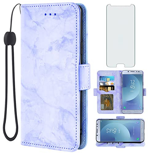 Asuwish Phone Case for Samsung Galaxy J5 Pro 2017 J530 with Tempered Glass Screen Protector and Marble Wallet Flip Card Holder Slot Stand Cell Accessories Gaxaly J5pro SM J530F J530G Women Men Purple