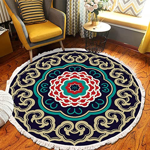 Vintage Baumwollteppich Waschbar Rund Boho Teppich Rund Grau 120 cm Wohnzimmerteppich Groß Flachgewebe Teppich Baumwolle mit Quasten für Schlafzimmer,F,Diameter 150cm