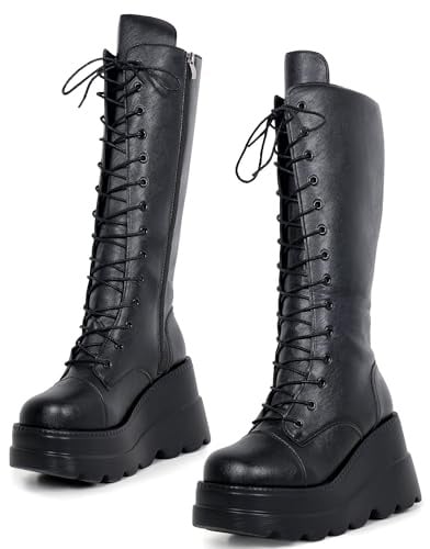 Gothniero Stivali gotici da donna, neri, con plateau, altezza al ginocchio, tacco grosso, stivali gotici da donna, stivali da combattimento neri, punta rotonda con cerniera, 3UK-8UK, nero4, 39 EU