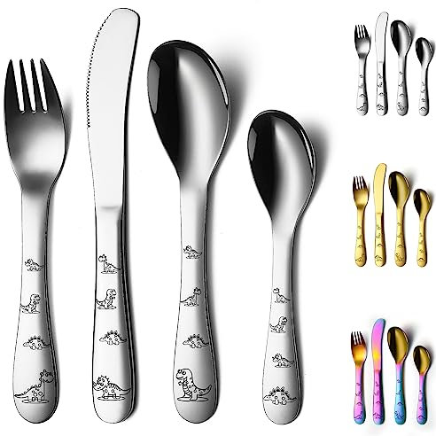Evanda Juego de cubiertos para niños 4 piezas de acero inoxidable, cubiertos para Infantile tenedores y cucharas, borde redondo liso pulido, apto para lavavajillas