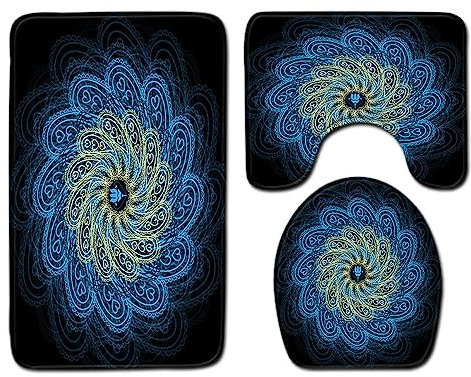 Badezimmerteppich Blau Mandala Gelb Badematte Set 3 Teilig Fußmatte rutschfest Saugfähig Badteppich Waschbar Fussmatte Teppich Schmutzfangmatte für Badezimmer
